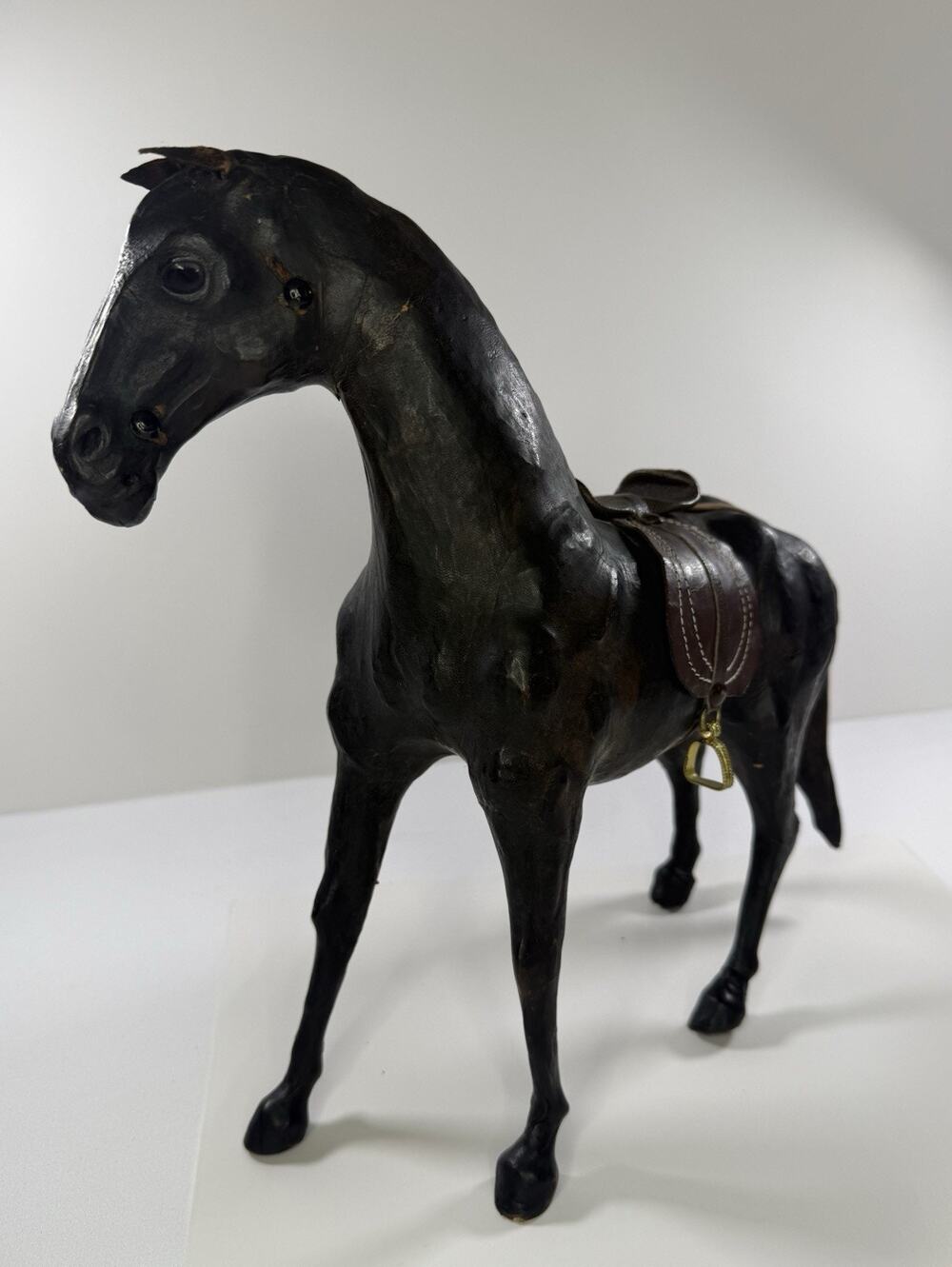 Vintage Handcrafted Leather Horse Statue Figure Saddle Stirrups 10.5" x 13.5"